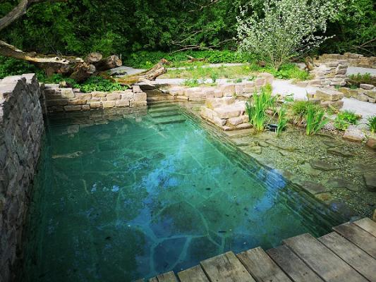 Wassergarten im Wald - in Form einer Burgruine angelegter Schwimmteich, das "Highlight" auf der LaGa Höxter 2023